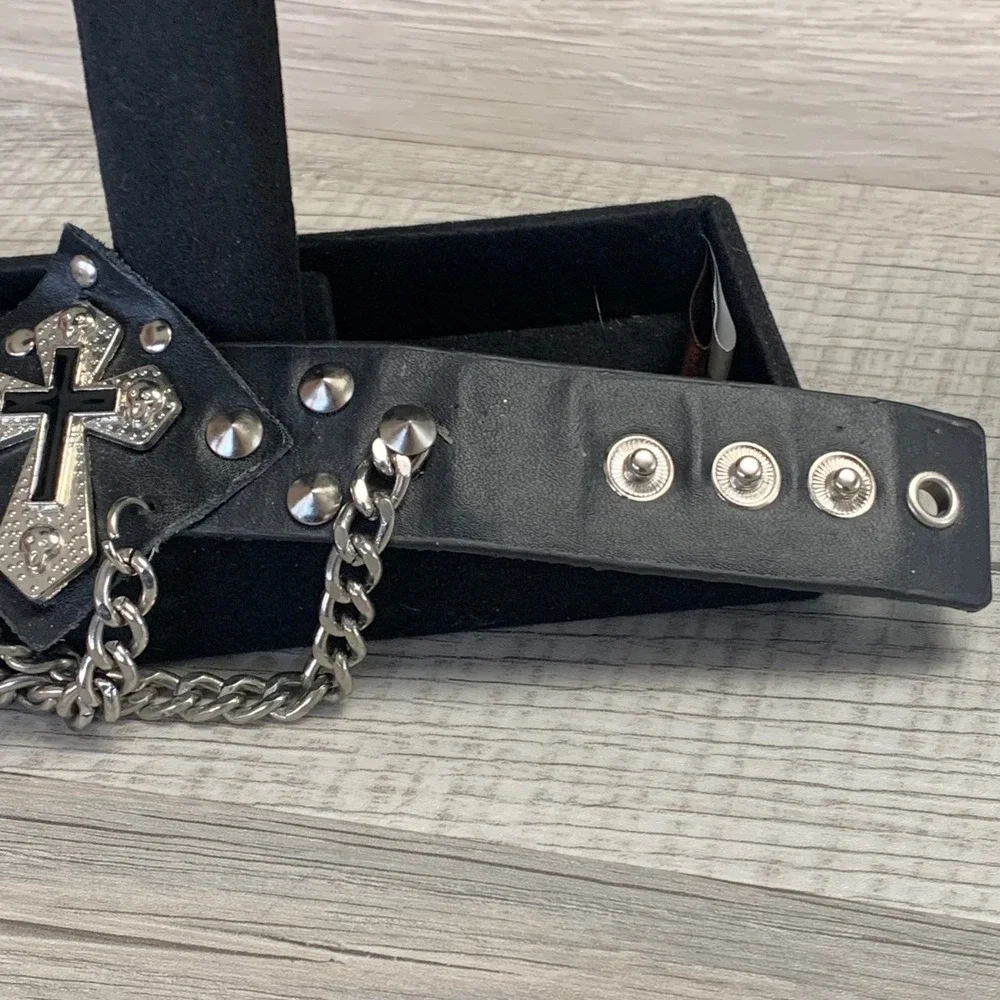 Black Leather Cross Skull Spike Chain Cuff Bracelet Gothic Punk Biker Adjustable